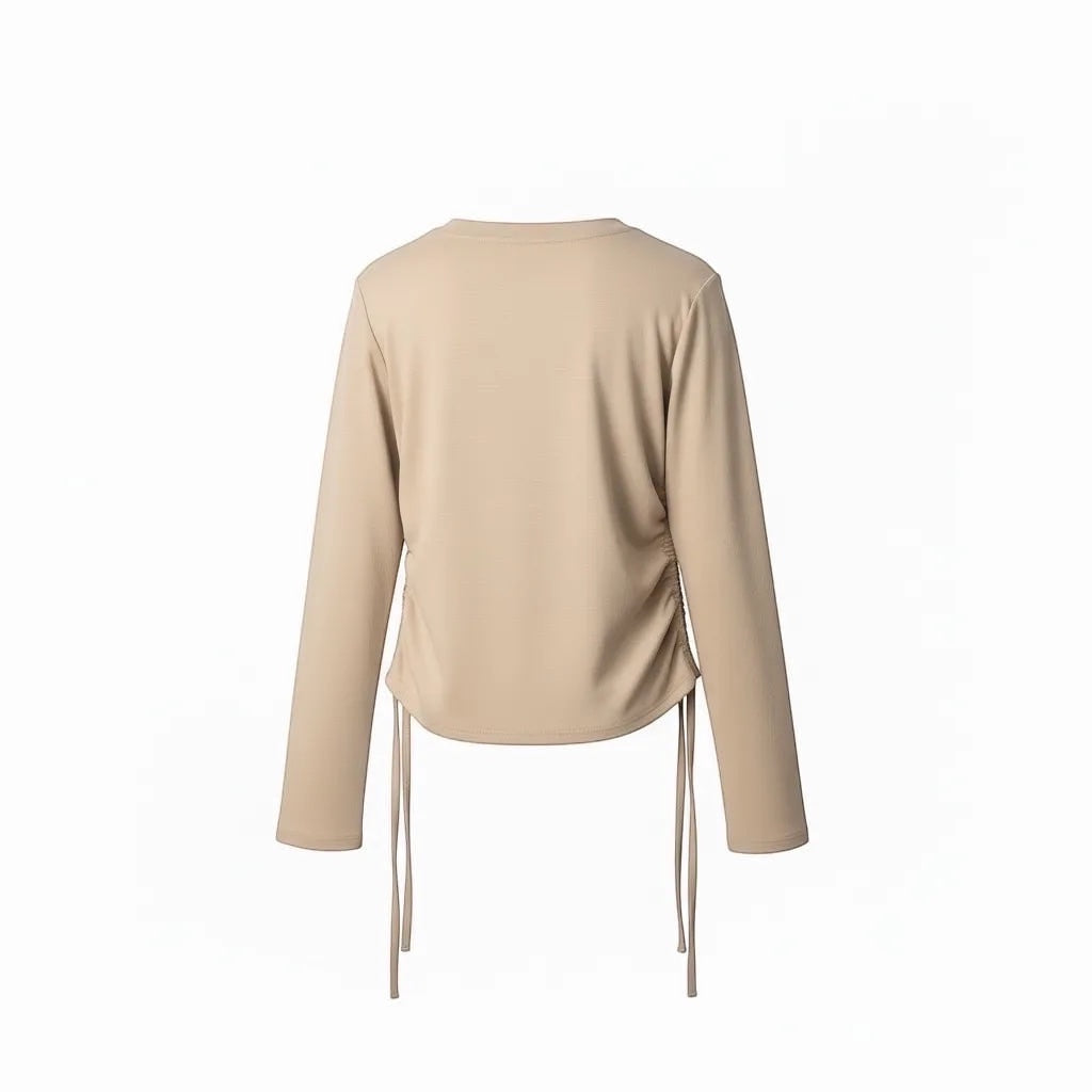 JJACollection beige long sleeve top with adjustable side ruching and drawstrings for a customizable fit.