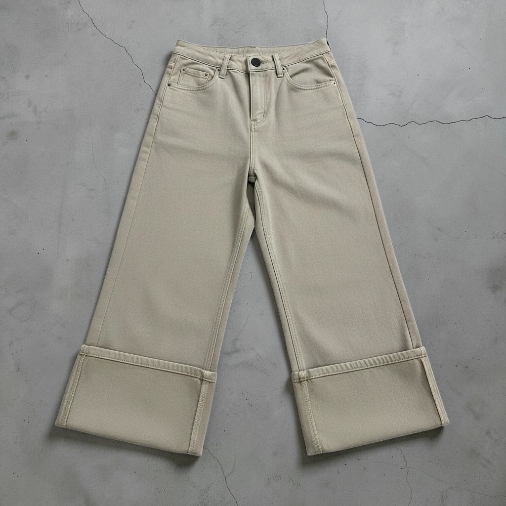 JJACollection beige wide leg denim jeans with a mid-rise waist and cuffed hems.