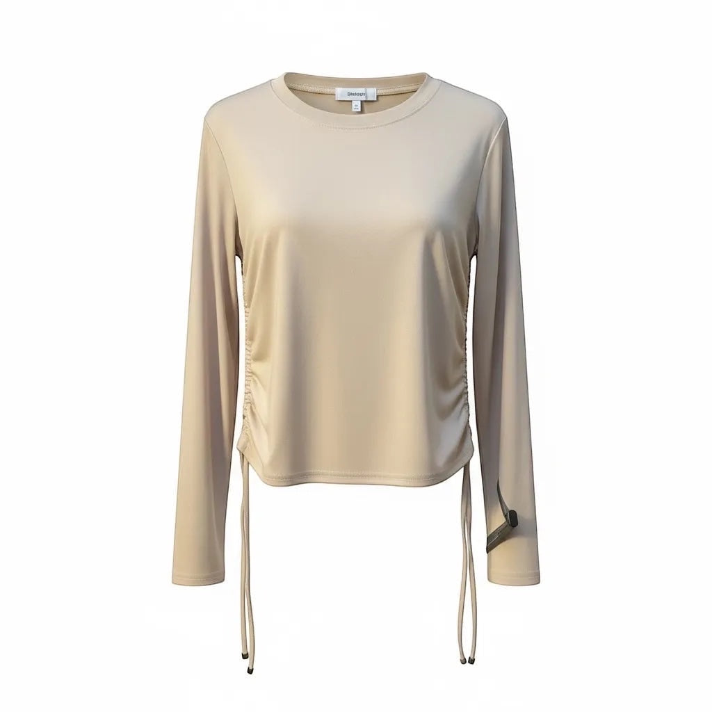 JJACollection beige long sleeve top with adjustable side ruching and drawstrings for a customizable fit.