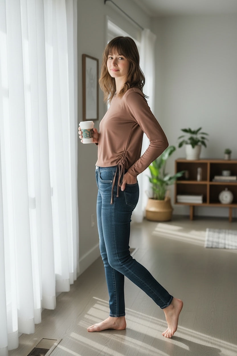JJACollection long sleeve ruched drawstring top in a neutral beige hue, paired with blue denim jeans.