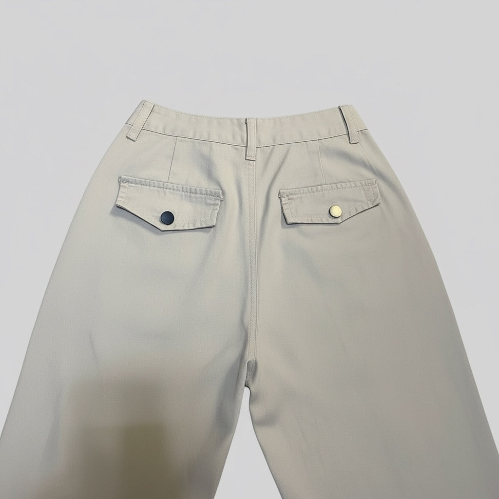 JJACollection beige cotton wide leg pants with seam detailing and two back flap pockets.