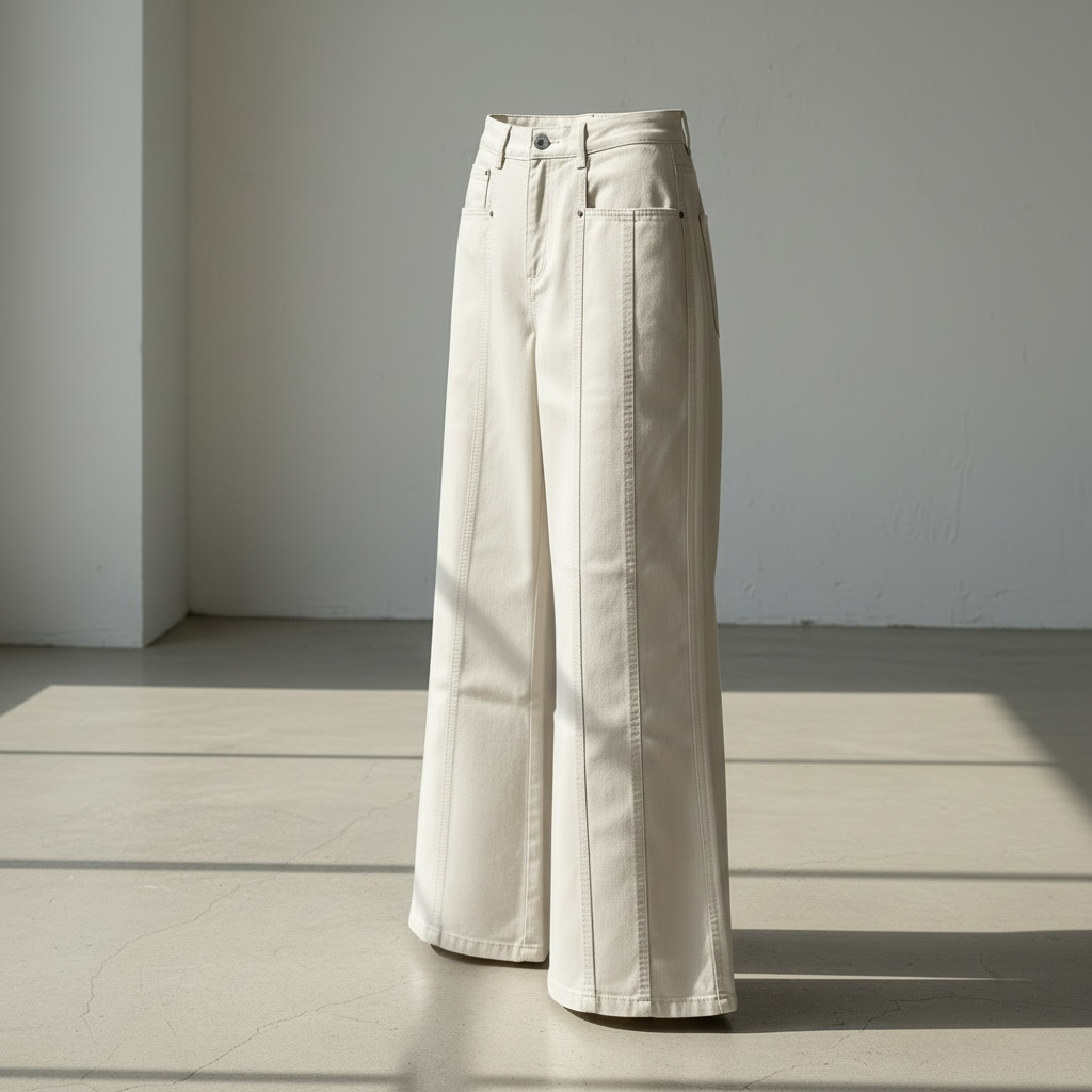 JJACollection beige cotton wide-leg pants with seam detailing and mid-rise waist.