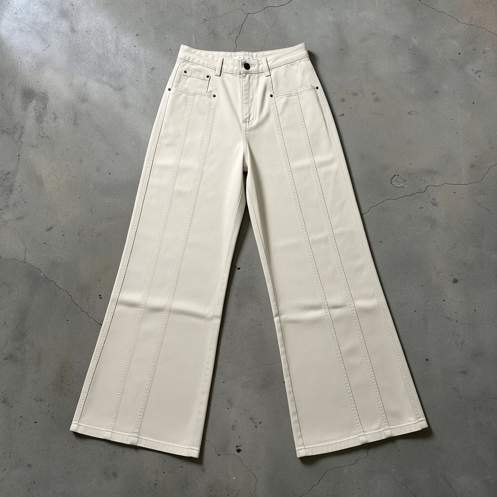 JJACollection beige cotton blend wide leg pants with seam detailing and mid-rise waist.