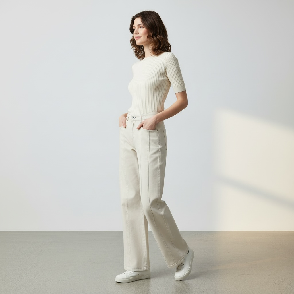 JJACollection beige cotton blend wide leg pants with seam detailing and mid-rise waist.
