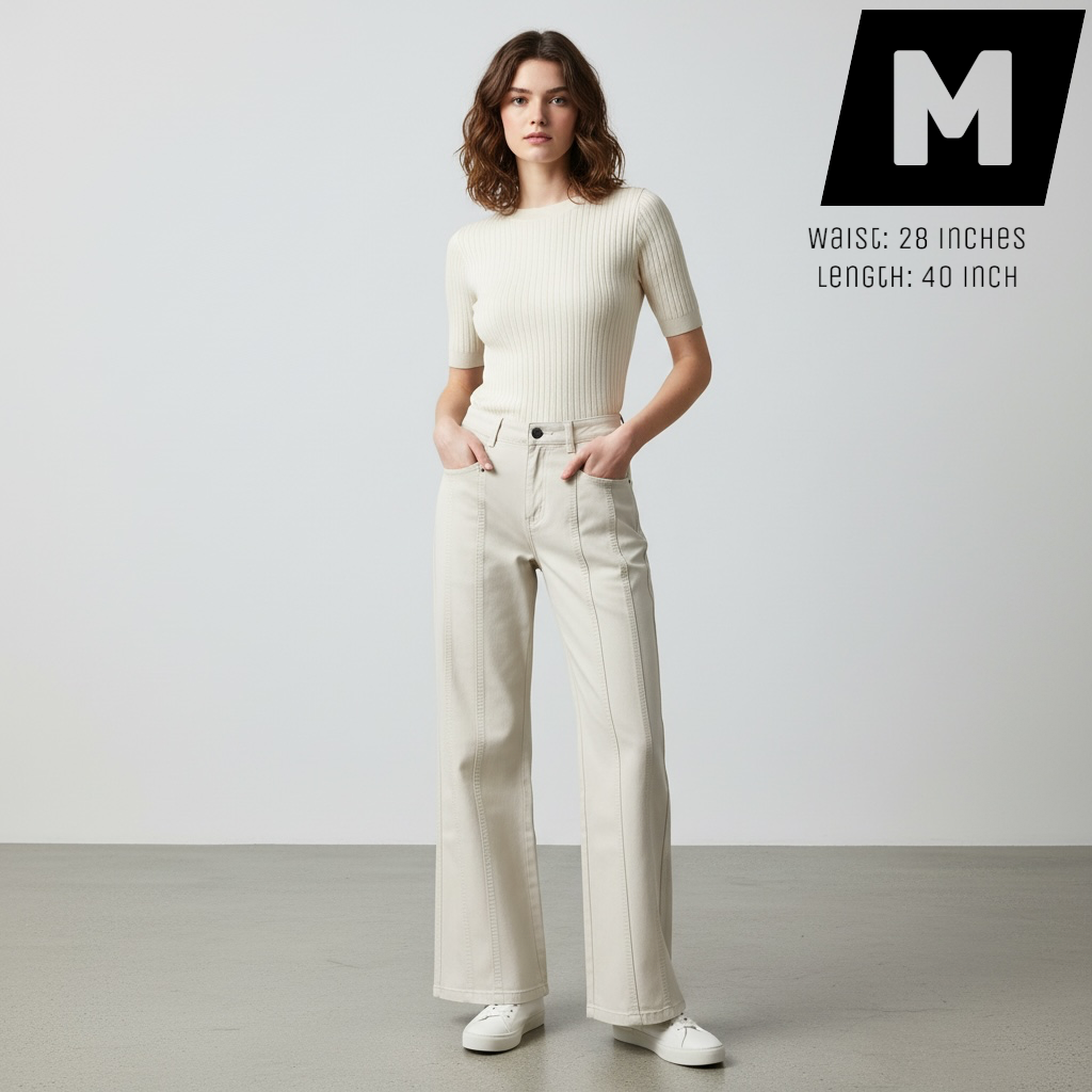JJACollection beige cotton blend wide-leg pants with seam detailing and mid-rise waist.