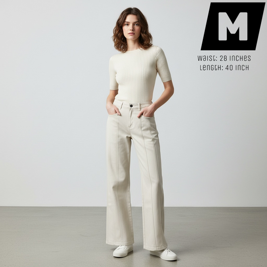 JJACollection beige cotton blend wide-leg pants with seam detailing and mid-rise waist.