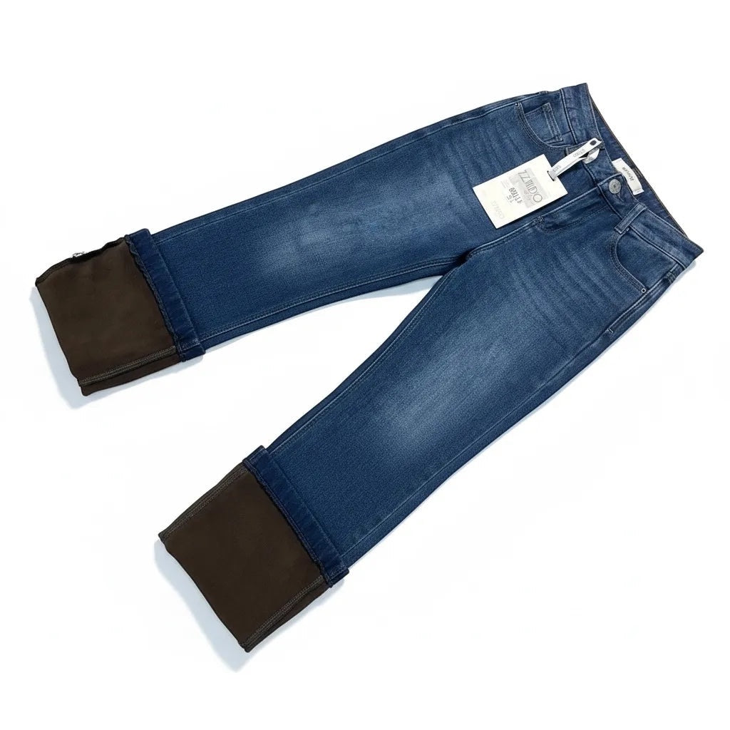 JJACollection high rise flare denim jeans in blue wash with dark brown cuffs. Comfortable and stylish.