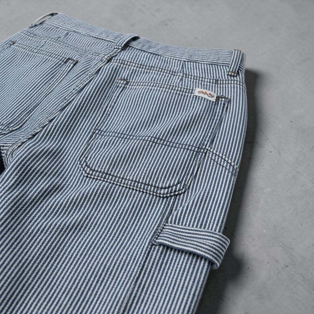 JJACollection blue and white striped cotton denim carpenter pants with utility loop and pockets.