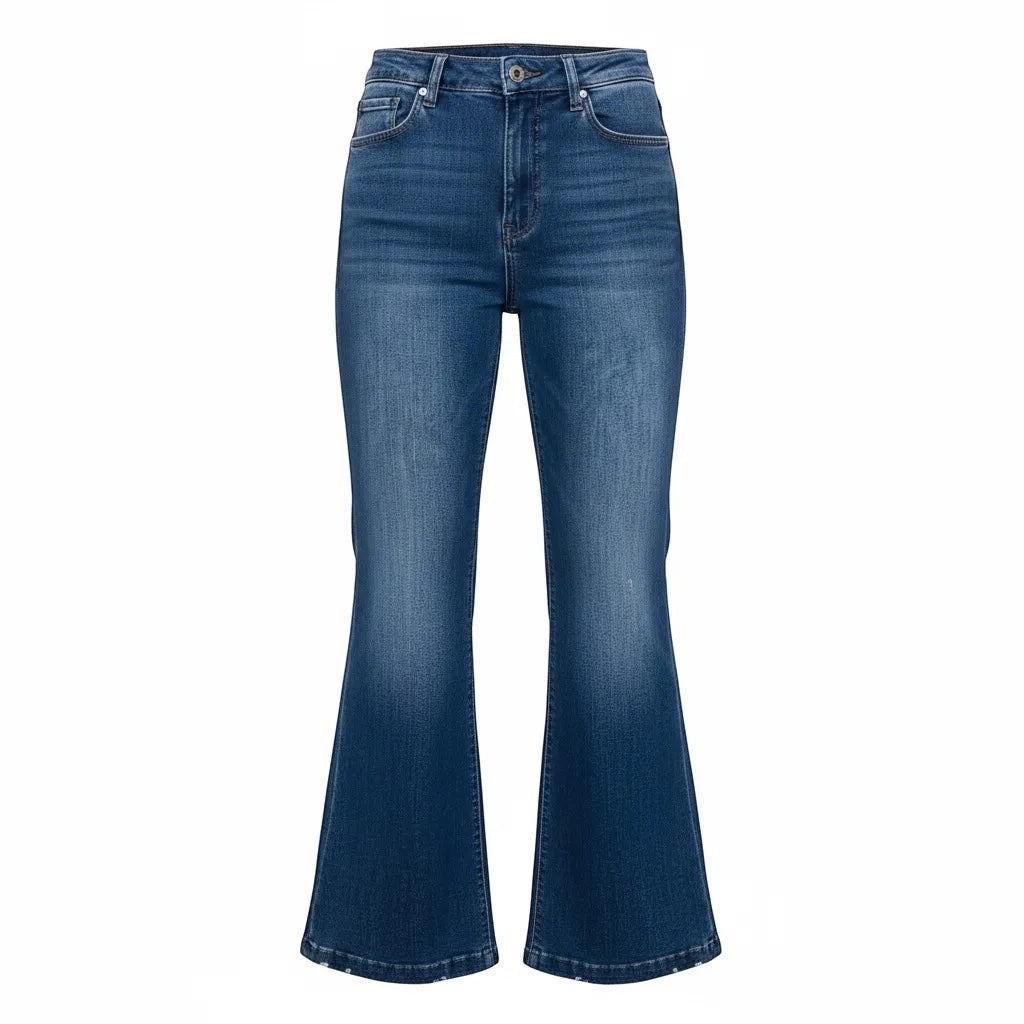 JJACollection high rise flare denim jeans in a blue wash with subtle fading and a classic silhouette.