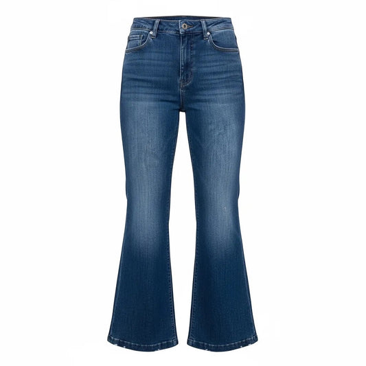 JJACollection high rise flare denim jeans in a blue wash with subtle fading and a classic silhouette.