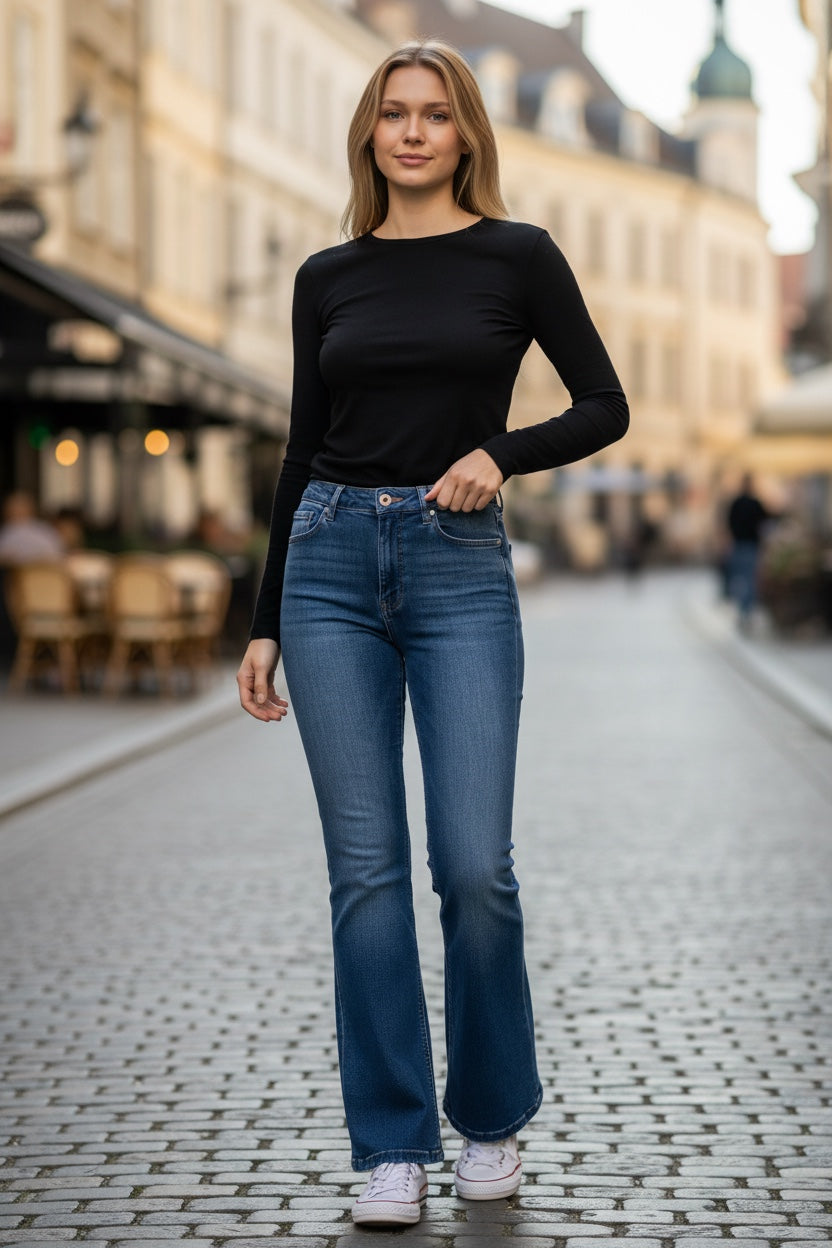 JJACollection high rise flare denim jeans in blue wash with subtle fading and a classic silhouette.