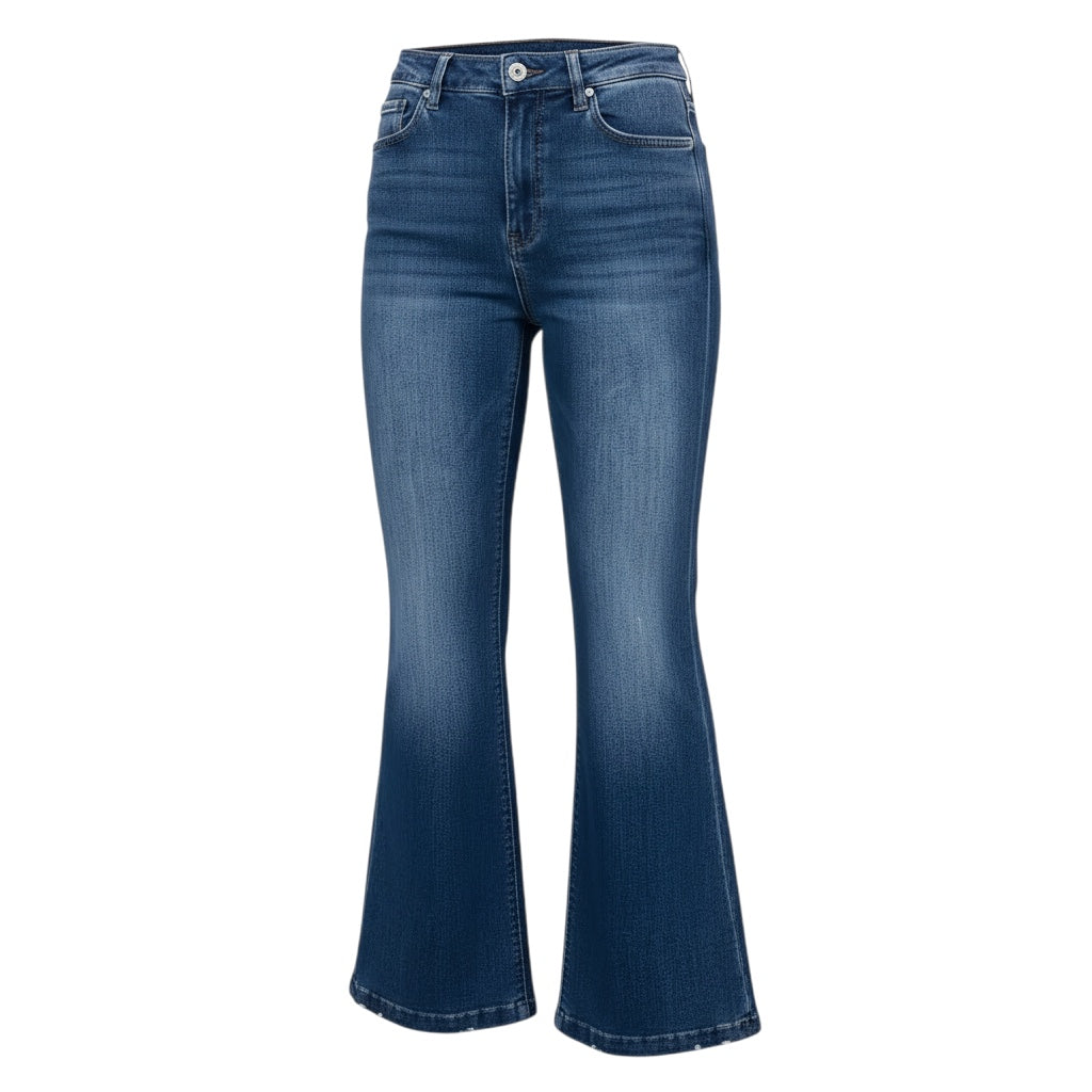 JJACollection high rise flare denim jeans in a blue wash with subtle fading and a classic silhouette.