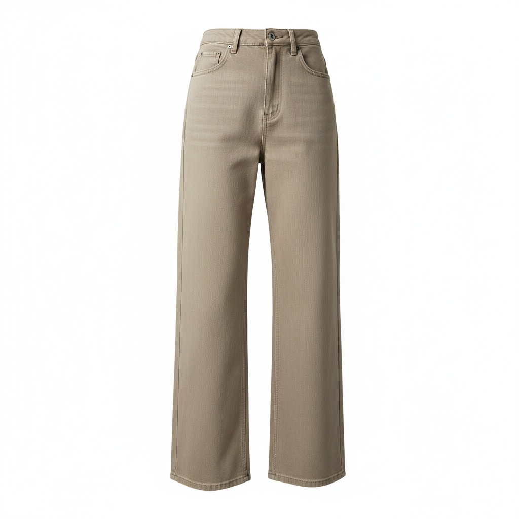 JJACollection neutral beige wide leg cotton denim jeans with five-pocket design and mid-rise waist.