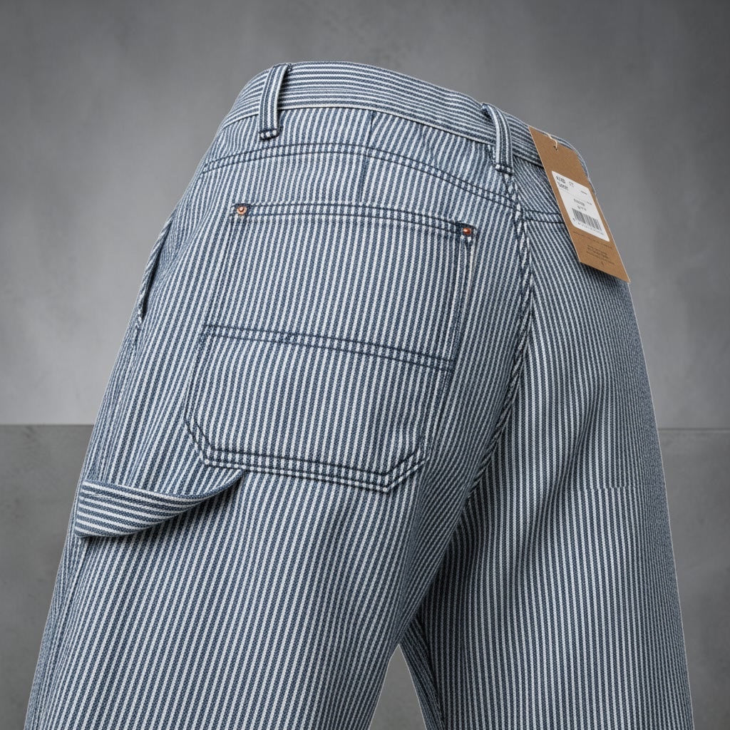 JJACollection blue and white striped cotton carpenter pants with a relaxed fit and utility details.