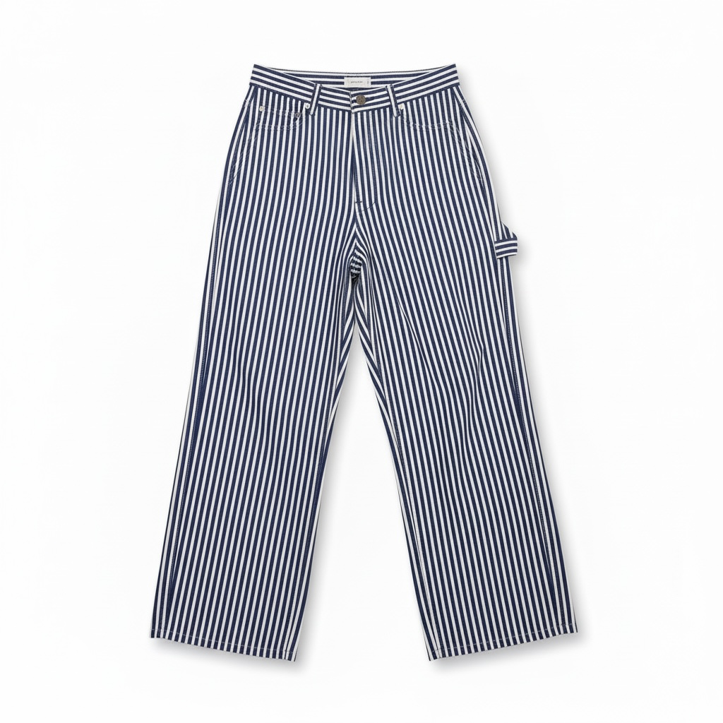 JJACollection blue and white striped cotton carpenter pants with a relaxed fit and utility loop.