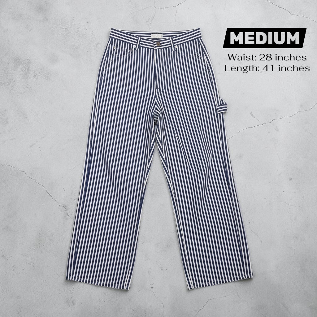 JJACollection blue and white striped cotton carpenter pants with a relaxed fit and utility loop.