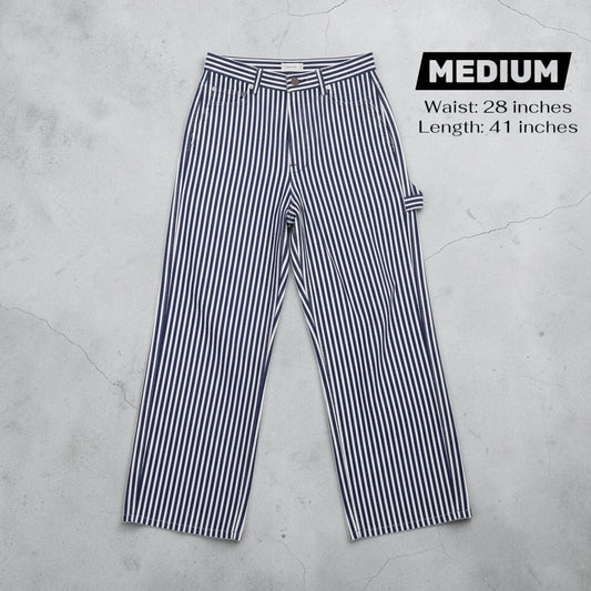JJACollection blue and white striped cotton carpenter pants with a relaxed fit and utility loop.