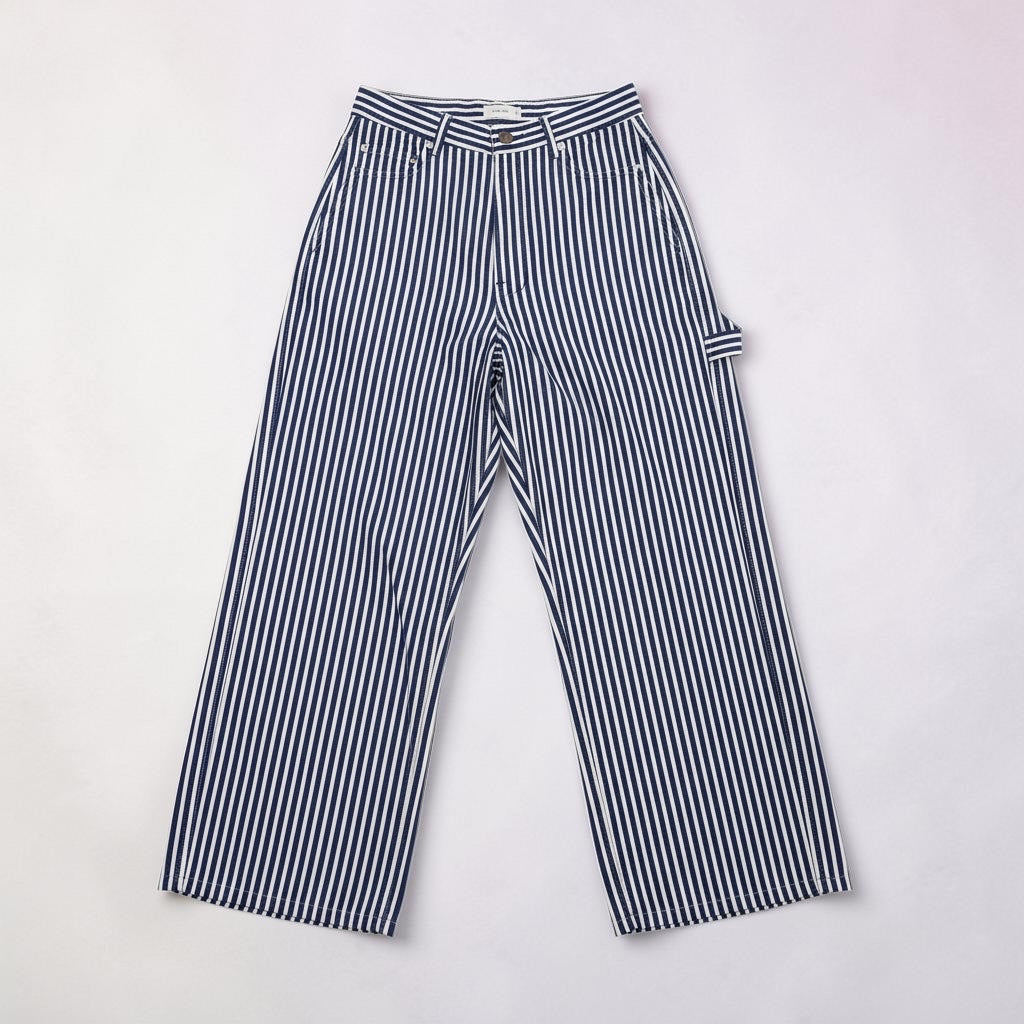 JJACollection blue and white striped cotton carpenter pants with a relaxed fit and utility loop.