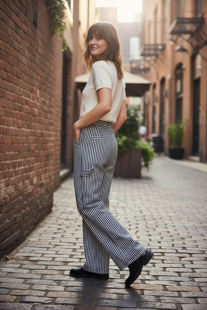 JJACollection blue and white striped cotton carpenter pants with a relaxed fit and utility loop.